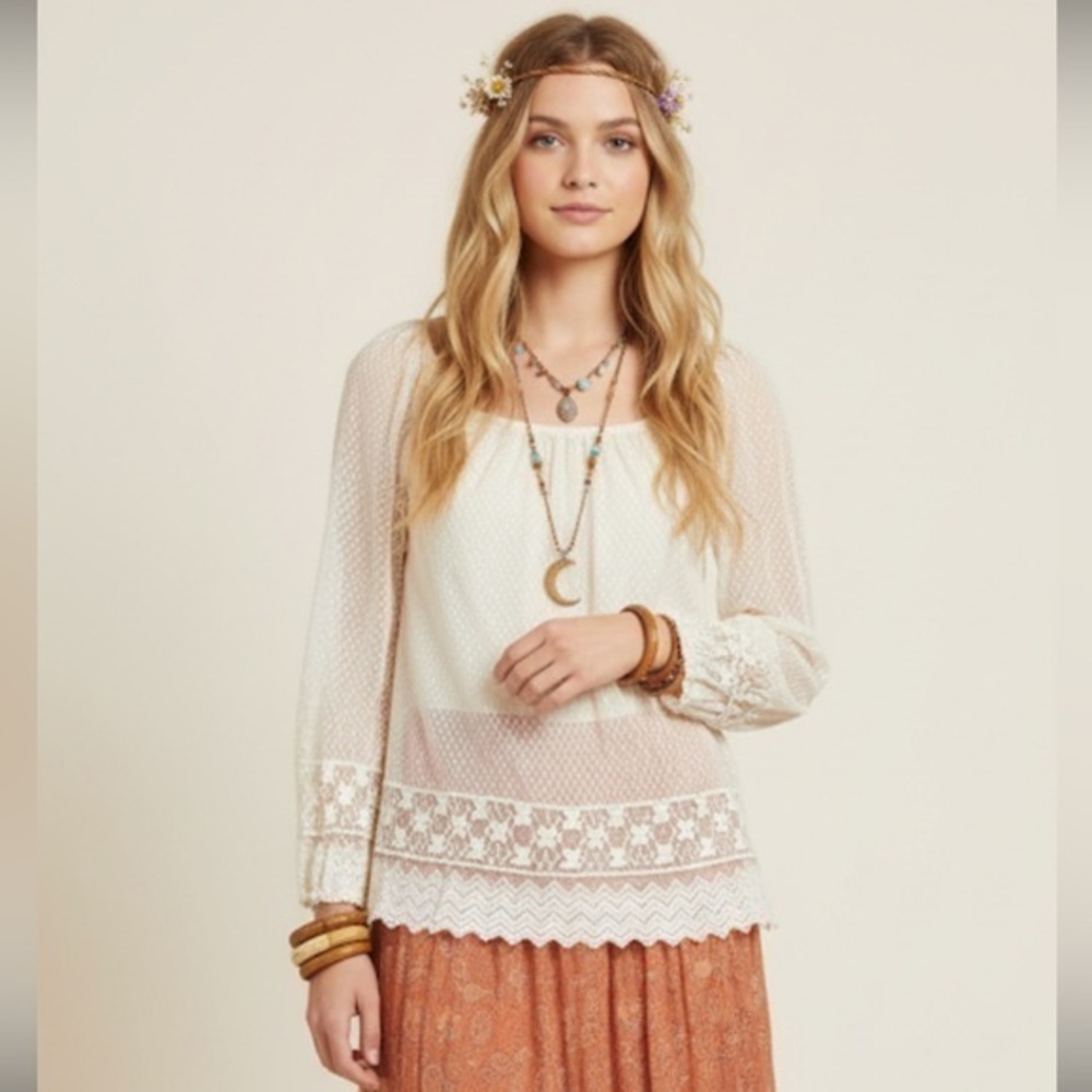 Bohemian Style Lace Semi Sheer Arms Long Sleeve Creme Cotton Crewneck Top